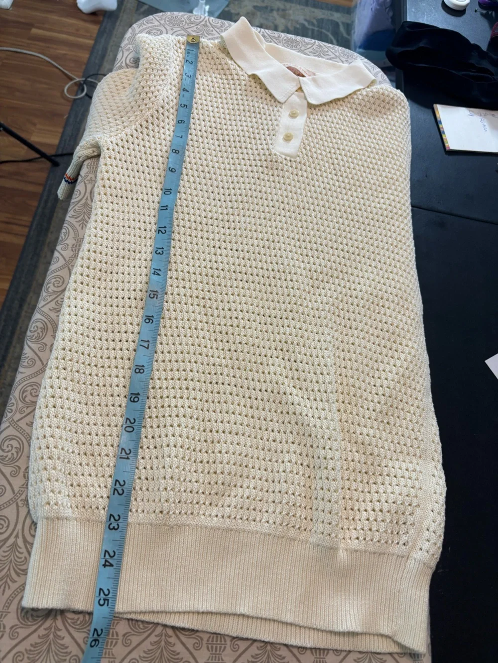Tory Burch Cream Open Knit Crochet Sweater Pointelle Polo Shirt Top S Small